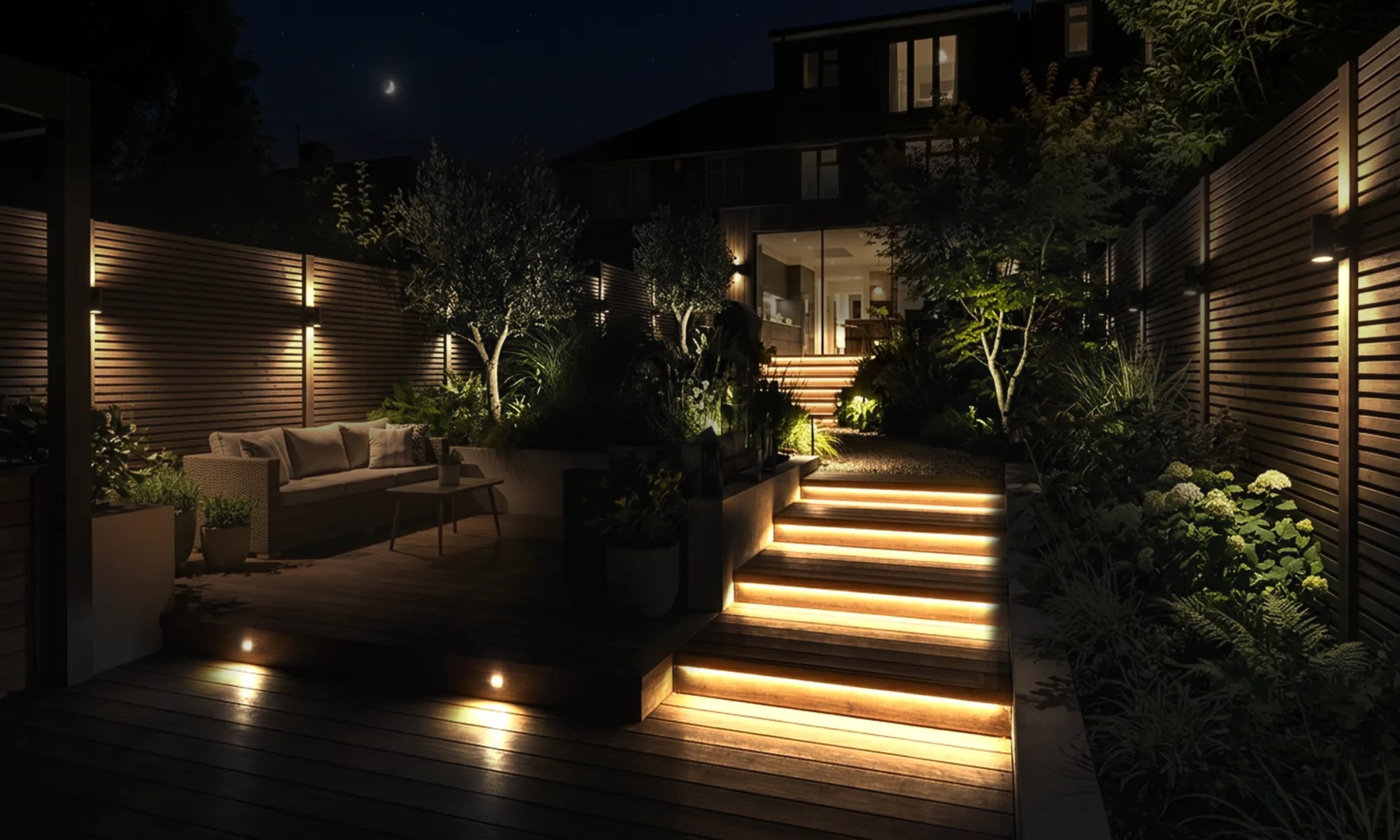 A contemporary garden with every lighting circuit on at night, controlled wirelessly by a Wise Box receiver