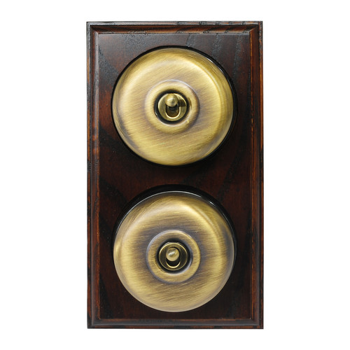 Classic Period Round Dome Dolly Switch 2 gang 2 way Antique Brass / Dark Oak