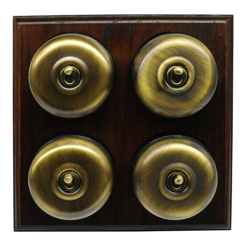 Classic Period Round Dome Dolly Switch 4 gang 2 way Antique Brass / Dark Oak