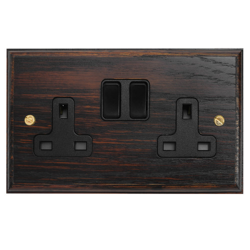 Wall Socket 2 gang 13 amp switch socket outlet Black Insert / Dark Oak