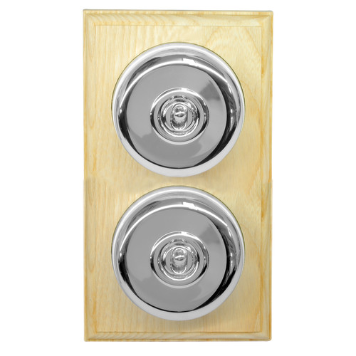 Classic Period Round Dome Dolly Switch 2 gang 2 way Polished Chrome / Ash