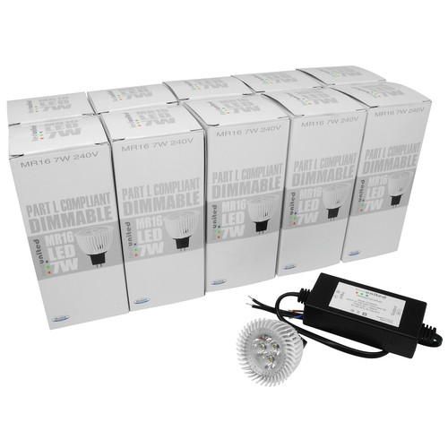 10 x MR16 LED & Driver 7W 400lm (=50W) Dimmable 15° 3000K Warm White