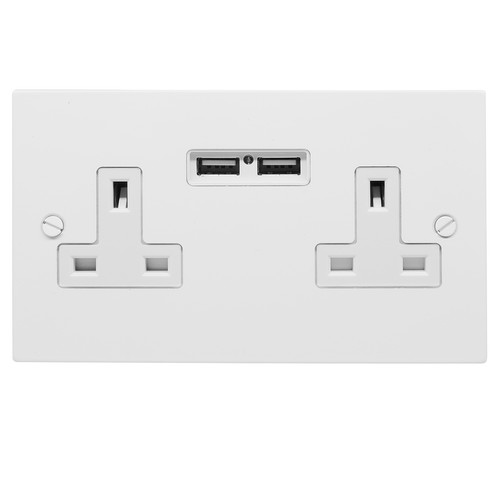 2 Gang Wall Socket Switch / USB Charger 13 amp unswitched socket + USB outlet Satin White Aluminium