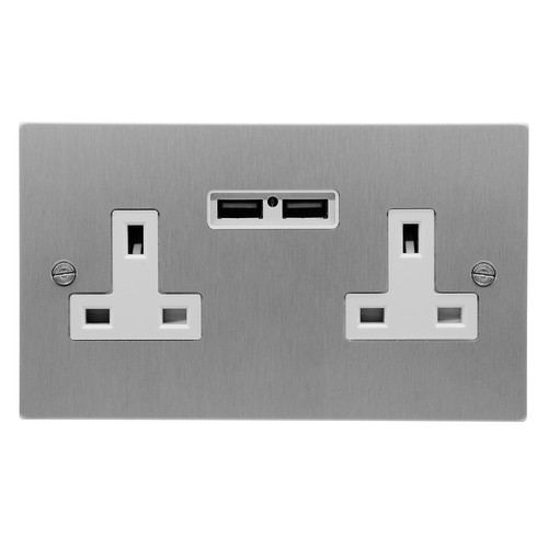 Wall Socket with USB-A+A Charger 13 amp unswitched socket Satin Aluminium