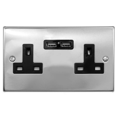 Wall Socket Unswitched with USB-A+A Charger 2 gang 13 double socket outlet with USB Polished Stainless