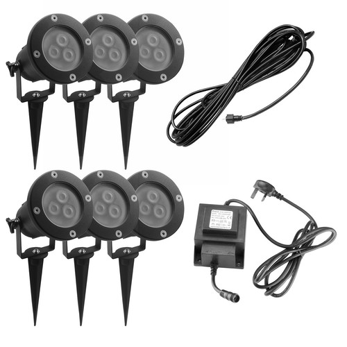6 x LED Cool White Spike Garden Light 6 x 3W Black