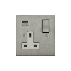 Horizon Square Switched Socket Outlet with USB-A Charger 1 gang 13 amp Satin Stainless Steel