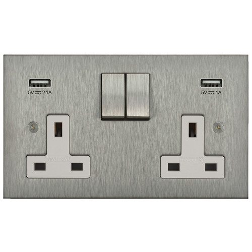 Horizon Square Switched Socket Outlet with USB-A+A Chargers 2 gang 13 amp Satin Stainless Steel