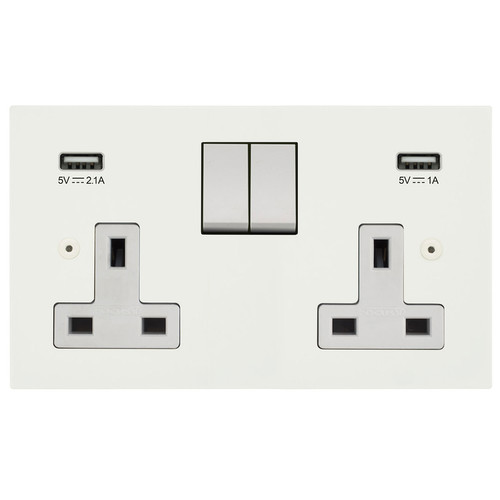 Horizon Square Switched Socket Outlet with USB Chargers 2 gang 13 amp Primed White