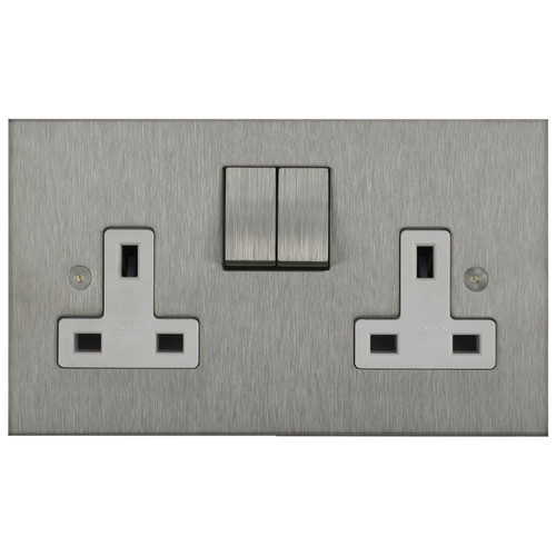 Horizon Square Switched Socket Outlet 2 gang 13 amp Satin Stainless Steel