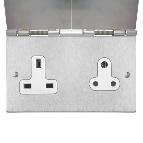 Horizon Square Floor Socket 2 gang 13 amp and 5 amp unswitched Satin stainless Steel