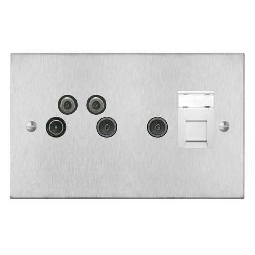 Horizon Square TV Socket 2 gang TV, FM, radio, satellite x2 and telephone Satin Stainless Steel
