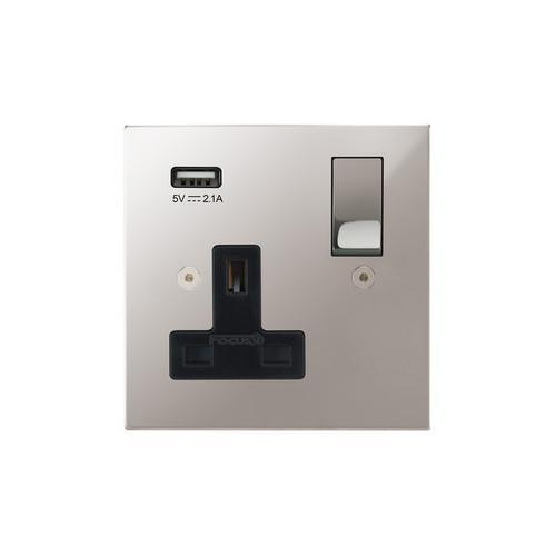 Horizon Square Switched Socket Outlet with USB-A Charger 1 gang 13 amp Polished Chrome
