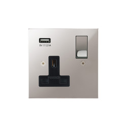 Horizon Square Switched Socket Outlet with USB-A Charger 1 gang 13 amp Polished Stainless Steel
