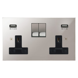 Horizon Square Switched Socket Outlet with USB-A+A Chargers 2 gang 13 amp Polished Stainless Steel