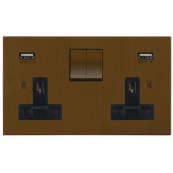 Horizon Square Switched Socket Outlet with USB-A+A Chargers 2 gang 13 amp Antique Bronze