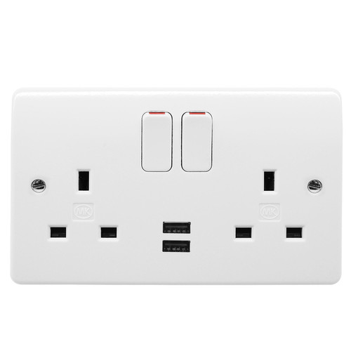 MK Logic Plus Wall Socket with USB Chargers 2 gang 13 amp sockets and 2 amp USB White