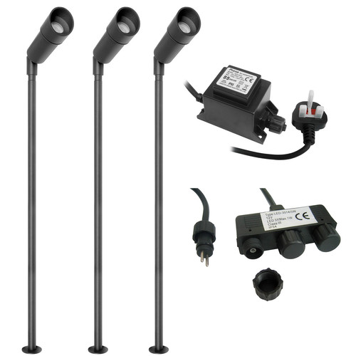 LED Hood Long Outdoor Garden Spike Kit Black 12V 3 x 1W 3000K Warm White