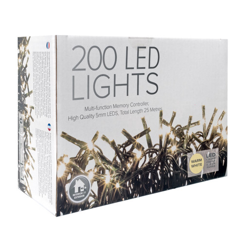 LED Twinkle String Fairy Lights with Controller 20m, 200 5mm Lights,  Indoor/Outdoor, 31V Warm White Green Cable