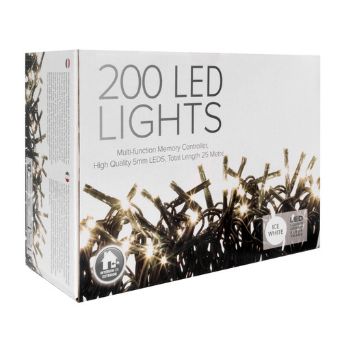 LED Twinkle String Fairy Lights with Controller 20m, 200 5mm Lights,  Indoor/Outdoor, 31V Cool White Green Cable