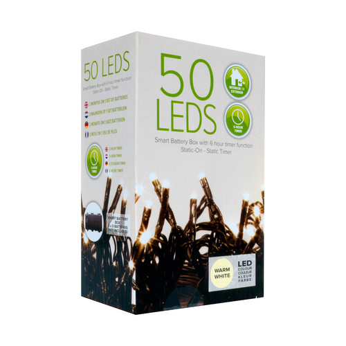 LED Smart Battery 6hr Timer String Lights 5m, 50 lights Indoor/Outdoor Warm White Green Cable