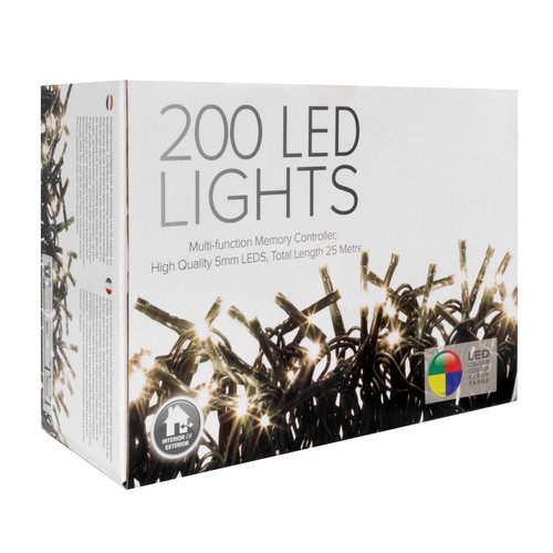 LED Twinkle String Fairy Lights with Controller 20m, 200 5mm Lights, Indoor/Outdoor, 31V Multi Colour Green Cable