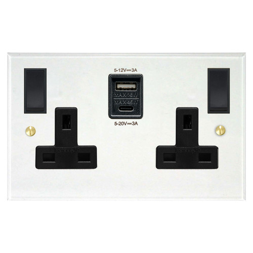 Prism Wall Socket with USB-A+A Chargers 2 gang 13 amp switch socket outlet Clear Perspex / Black