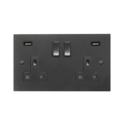 Switched Socket Outlet with USB-A+A Chargers 2 gang 13 amp Black Aluminium