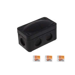 Waterproof Junction Box M20 with 3 x WAGO 221-413 (85x49x51mm) 6 Way Threaded Membrane Entries Black