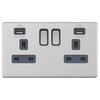 Wall Socket USB-A+A Screwless 2 gang 13 amp switched socket outlet Brushed Stainless