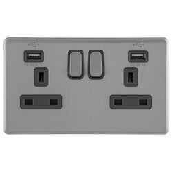 Wall Socket USB-A+A Screwless 2 gang 13 amp switched socket outlet Brushed Stainless