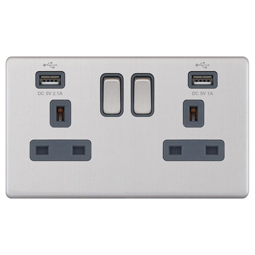 Wall Socket USB-A+A Screwless 2 gang 13 amp switched socket outlet Brushed Stainless