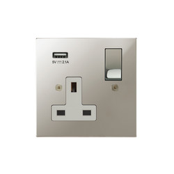 Horizon Square Switched Socket Outlet with USB-A Charger 1 gang 13 amp switched Polished Nickel