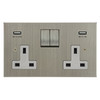 Horizon Square Switched Socket Outlet with USB-A+A Chargers 2 gang 13 amp switched socket outlet Satin Nickel