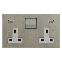 Horizon Square Switched Socket Outlet with USB-A+A Chargers 2 gang 13 amp switched socket outlet Satin Nickel