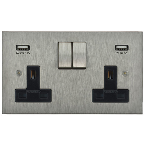 Horizon Square Switched Socket Outlet with USB Chargers 2 gang 13 amp Satin Stainless Steel