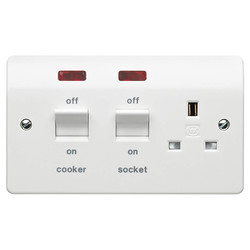 MK Logic Plus Cooker Switch 2 gang double plate 45 amp cooker Neon White