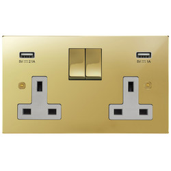 Horizon Square Wall Socket with USB-A+A Chargers 2 gang 13 amp switch socket outlet Polished Brass