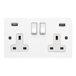 Wall Socket Switch with USB-A+A Charger 13 amp switched socket Satin White Aluminium