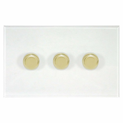 Prism Dimmer Switch V-PRO Trailing Edge LED 3 gang 120 watt 2 way Polished Brass / Clear Perspex