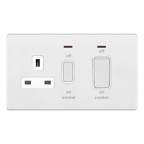 Cooker Switch Screwless 2 gang plate 45 amp cooker switch neon 13 amp socket outlet Matt White