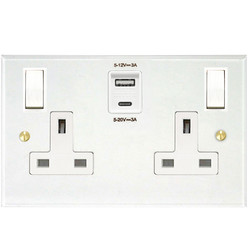 Prism Wall Socket with USB-A+C Chargers 2 gang 13 amp switch socket outlet Clear Perspex