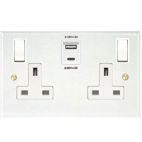 Prism Wall Socket with USB-A+C Chargers 2 gang 13 amp switch socket outlet Clear Perspex
