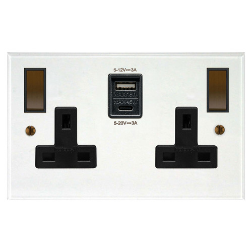 Prism Wall Socket with USB-A+A Chargers 2 gang 13 amp switch socket outlet Clear Perspex / Antique Bronze