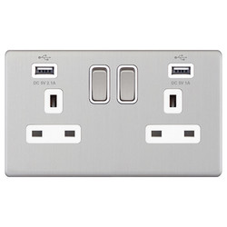 Wall Socket USB-A+A Screwless 2 gang 13 amp switched socket outlet Brushed Stainless