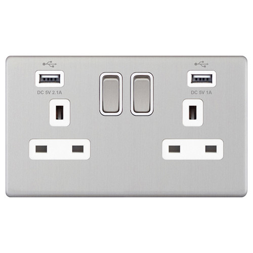 Wall Socket USB-A+A Screwless 2 gang 13 amp switched socket outlet Brushed Stainless