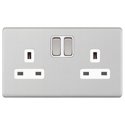 Wall Socket Screwless 2 gang 13 amp switched socket outlet Brushed Stainless