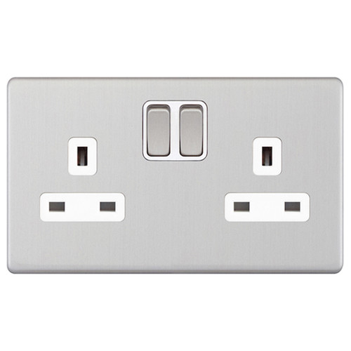 Wall Socket Screwless 2 gang 13 amp switched socket outlet Brushed Stainless
