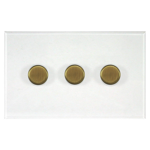 Prism Dimmer Switch V-PRO Trailing Edge LED 3 gang 120 watt 2 way Antique Brass / Clear Perspex