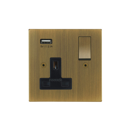 Horizon Square Switched Socket Outlet with USB-A Charger 1 gang 13 amp Antique Brass